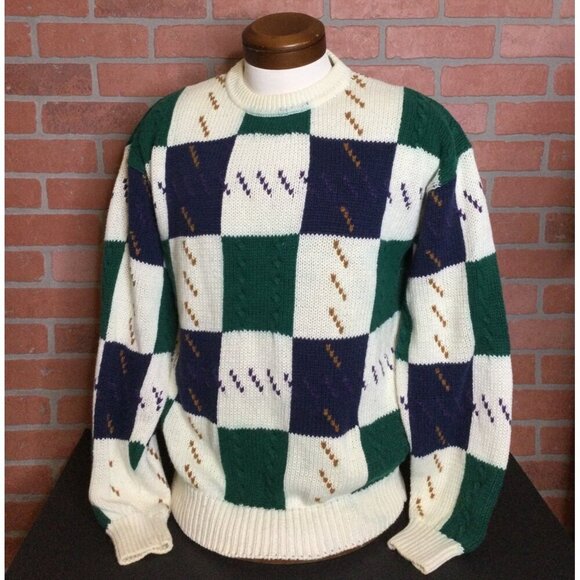 Vintage St Johns Bay Checkerboard Knit Grandpa Sweater Cable Knit Mens L - Picture 1 of 14